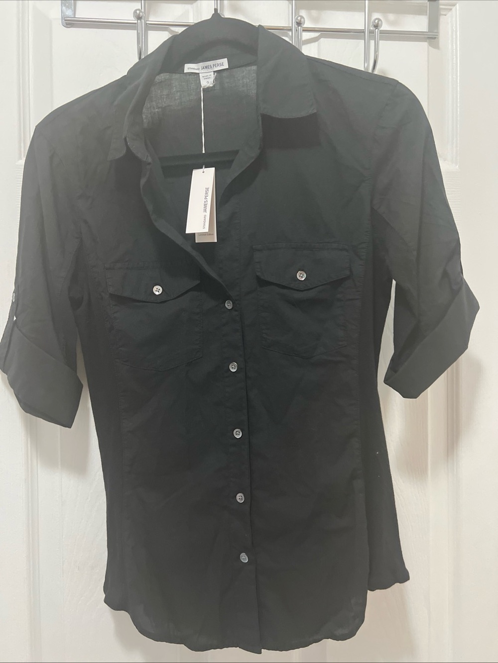 James Perse Ribbed Panel Surplus Button Down shirt Top Black Size 2 Small NWT